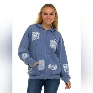 NEW LILO & STITCH Blue Full Zip Hoodie Jacket Women's Large Embroidered Patch